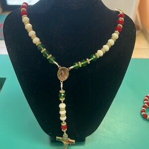 Elegant Green, Red, and White Beaded Necklace
